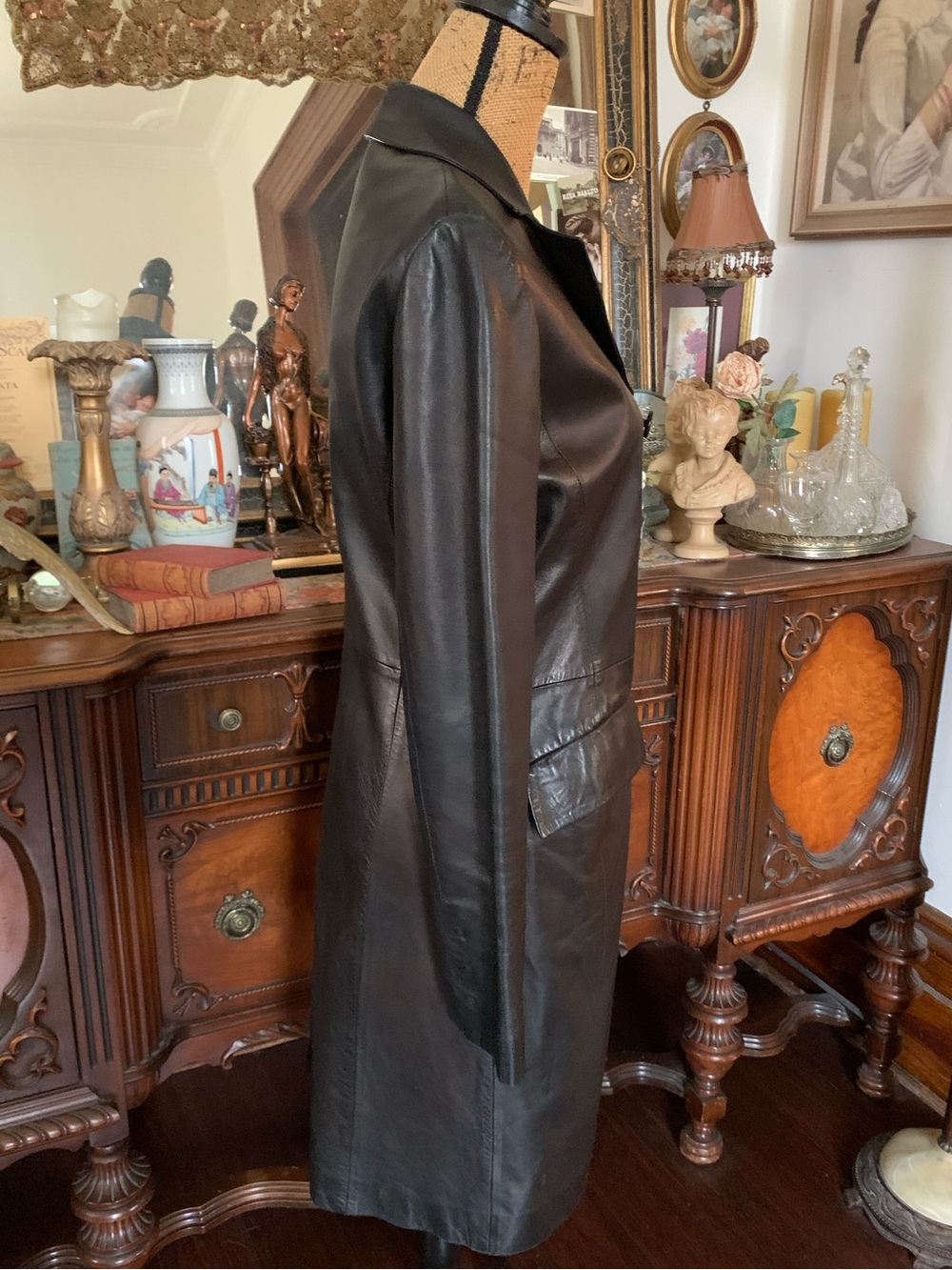 Vintage Paris France Sexy Gothic Black Leather Trench Style Jacket - Picture 2 of 16
